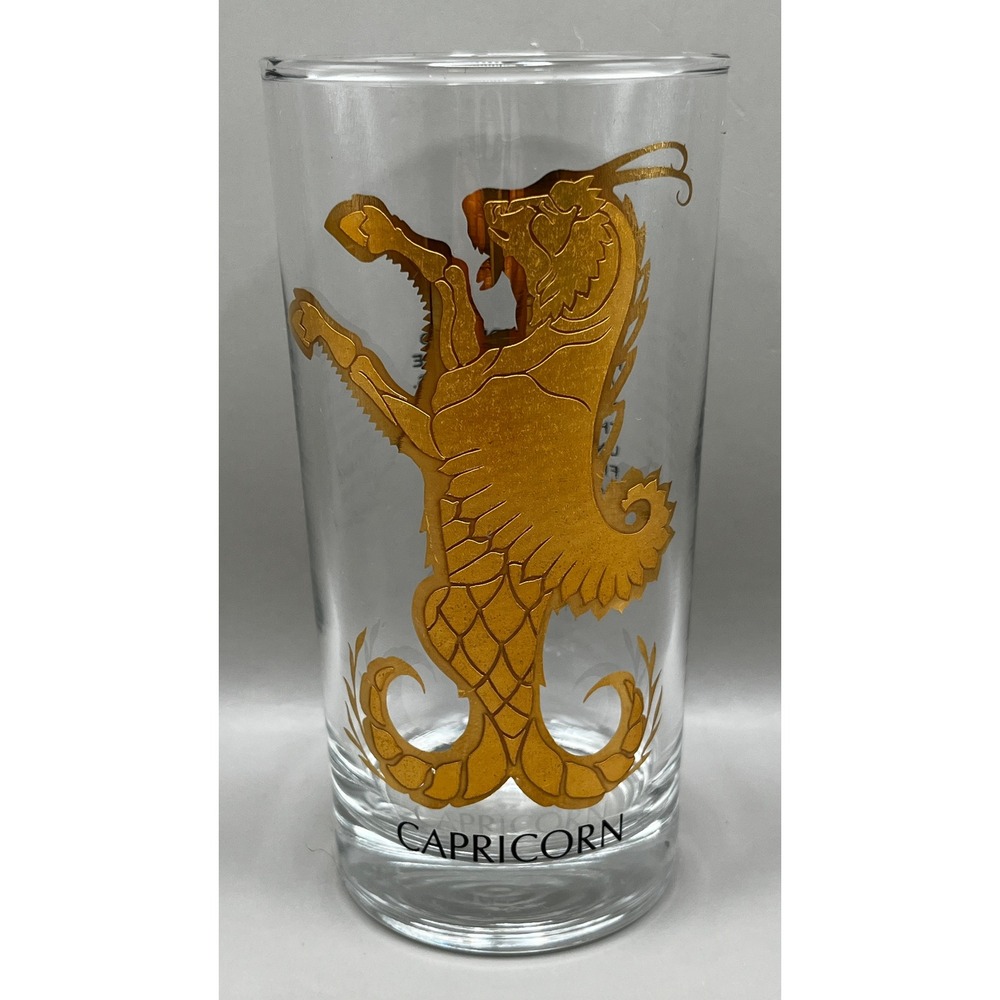 Vtg Capricorn Zodiac Gold Sea-Goat Drinking Glass Astrology Barware 5.5" Tumbler